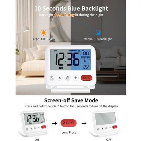 Mini Réveil de Voyage Portable avec Horloge Numérique LCD - Blanc (1/4)