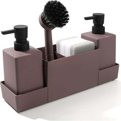 (Brun rougeâtre) Distributeur de savon de cuisine avec porte-éponge, adapté aux étagères d'évier.