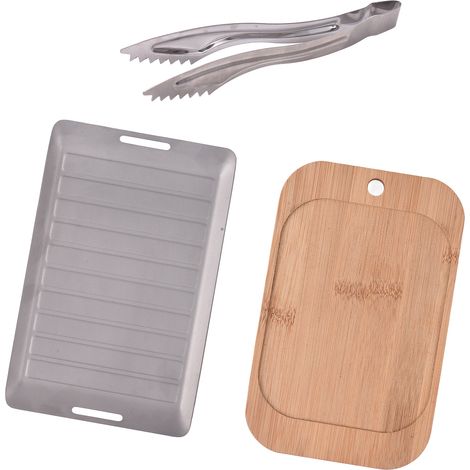 Ensemble de 3 pièces comprenant une poêle à griller en titane, une pince à barbecue et une planche à découper en bambou antiadhésive, idéal pour le camping et les grillades à la maison ou en camping ( (1/5)