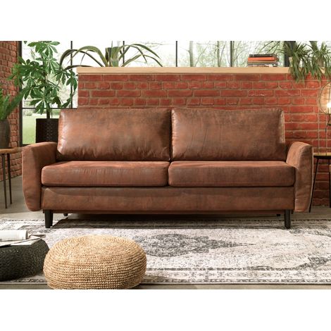 Lisa Design – Canapé droit 3 places convertible – Style industriel – Coffre de rangement – Revêtement microfibre marron – Dimensions 220x90x100 cm