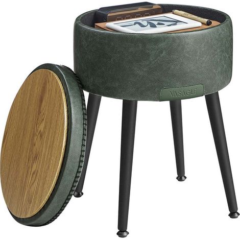 Pouf de rangement tabouret de coiffeuse PU avec coutures moderne mi-siècle tabouret de rangement rond avec pieds en acier capacité 150 kg vert (1/5)