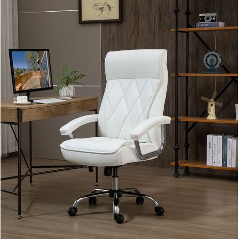 Chaise de bureau en similicuir blanc, ergonomique, pivotante, hauteur réglable, avec bascule (1/5)