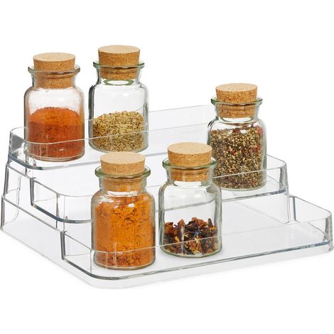 Relaxdays Portaspezie da Cucina, Scaffale Porta Spezie con 3 Ripiani a Scaletta, HLP 10,5x26x24cm, Plastica, Trasparente