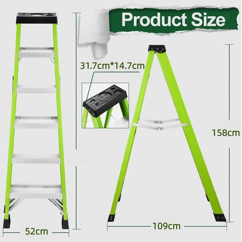 Escalera plegable de doble cara 109x52x158 cm de fibra de vidrio verde MEUBLIV (1/5)