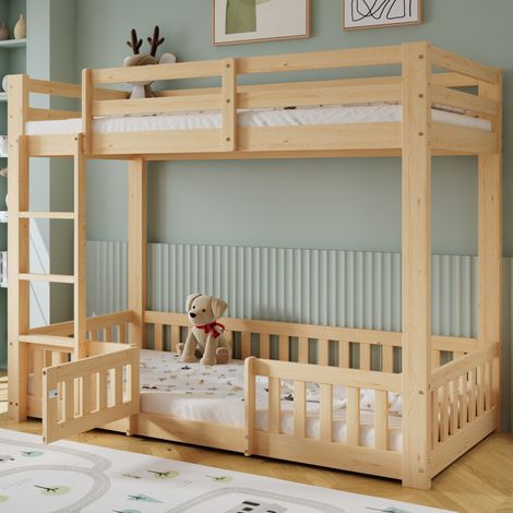 Letto a soppalco 90/200 cm in legno naturale con scala ad angolo, sponde e spazio libero (1/5)