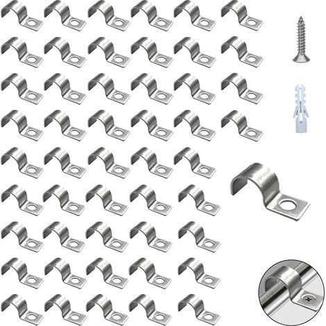 Fixation grillage rigide sur mur, collier de serrage inox pour câble et tuyau, P-Clip, Tube Clips, Trou Clips, Attaches murales en U à trou unique Ø8mm,kit 50 pièces installation intérieure extérieure (1/5)