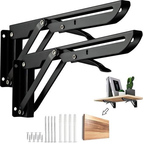 Lot de 2 Equerre Etagere 250mm, Support Console Pliable, d'étagère pliants en métal robuste pour étagère murale, 50KG (1/5)
