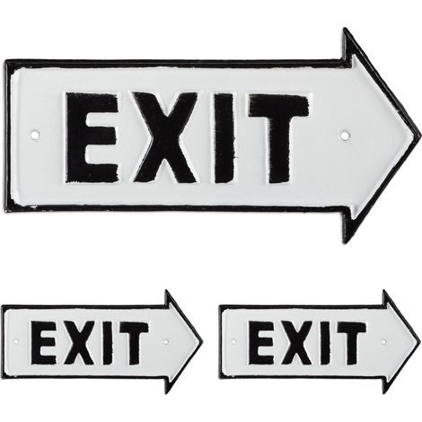 3 Placas Exit, Letreros Decorativos Pared y Puerta, Retro, Flechas Derecha, Señaléticas, Hierro Fundido, Blanco y Negro