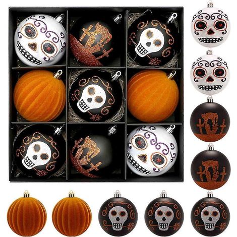 Juego de 9 colgantes de bolas de plástico con esqueletos de colores para decoración de Halloween. (1/4)