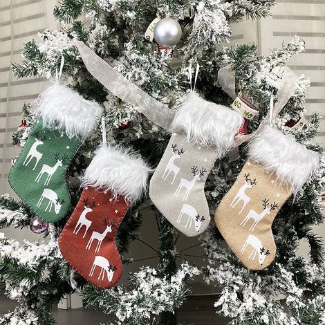 Petites chaussettes de Noël à suspendre, décoration pour sachets de bonbons et cadeaux, motif cerf imprimé (1/5)