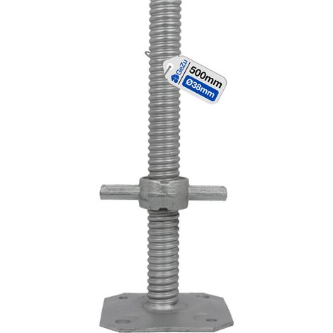 Vérin d’échafaudage réglable avec tige filetée Ø38 mm – Longueur 500 mm – Électroplaqué – Plaque de pied robuste pour stabilité et sécurité – GeZu Impex