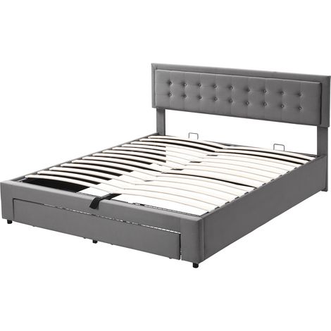 Letto contenitore con cassetti, velluto grigio, 180 x 200 cm, testiera regolabile, HOMVRA (1/5)