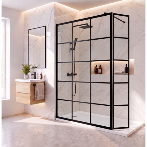 Aquari Grid Wet Room Screen Walk In Enclosure Matt Black 1200mm with 300mm Hinged Return Panel 8mm Toughened Safety Glass (1/5)