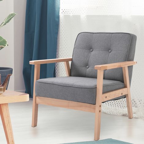 Fauteuil de style scandinave rembourré et matelassé avec boutons en tissu et bois, 64.5x70x74cm, gris