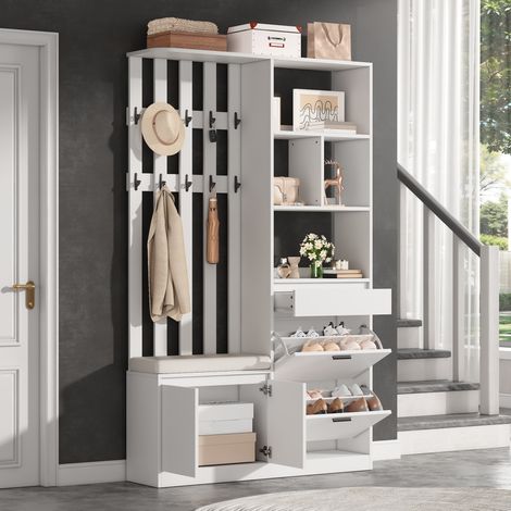 Perchero de entrada con banco, zapatero de 2 puertas, cajón y 10 ganchos, mueble de pasillo de MDF blanco, 120x30x200 cm (1/5)