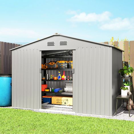 Gartenhaus 4,9 m² (277 x 195 x 192 cm) mit Schiebetür, Belüftung und Fundamentset, Grau