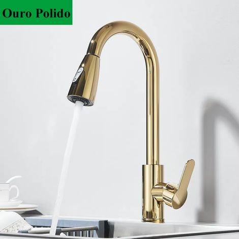 Robinet de cuisine avec douchette extractible, mitigeur eau chaude/eau froide à poser, robinet de cuisine à douchette extractible (or) (1/5)