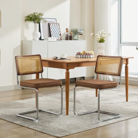Juego de 2 sillas de comedor de estilo moderno de mediados de siglo, sillas auxiliares de lino con respaldo de ratán natural y patas de acero inoxidable cromado. (1/5)
