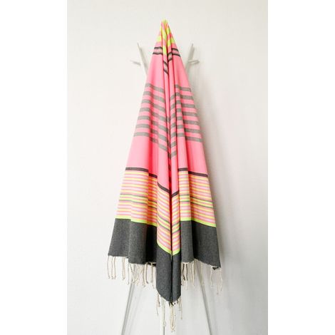 Fouta 100x200 gris, jaune fluo, rose fluo - 100% coton - franges