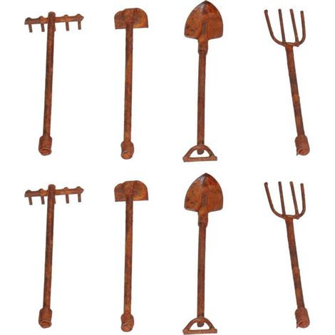 Kit de 4 Outils Miniatures de Jardinage en Métal Rouillé pour Maison de Poupée 1:12 - Pelle, Binette, Fourche (1/5)