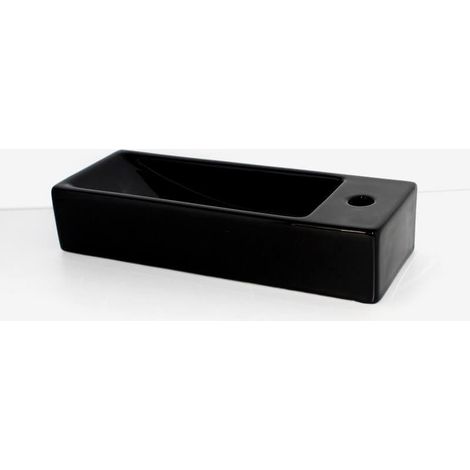 Rue Du Bain – Lave main céramique noire 38x15 cm – Rectangulaire à poser ou suspendre – Plage de robinetterie à droite – Vasque sans trop plein