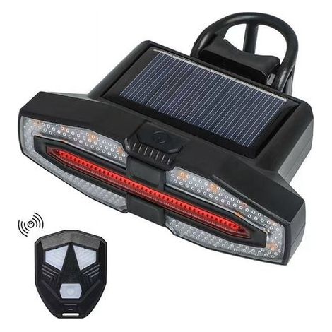 Luz trasera para bicicleta con energía solar, intermitentes, control remoto inalámbrico, carga USB/solar, 5 modos de iluminación, IPX5, color negro. (1/5)