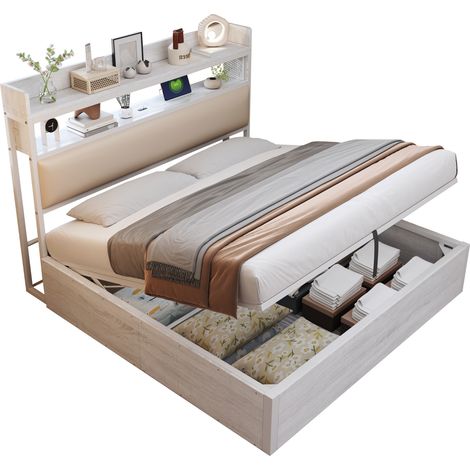 Cadre de lit 180 x 200 avec relevage hydraulique, USB, tête de lit rembourrée, design vintage en bois et métal, lit double à rangement caché, mobilier moderne de chambre à coucher blanc (1/5)