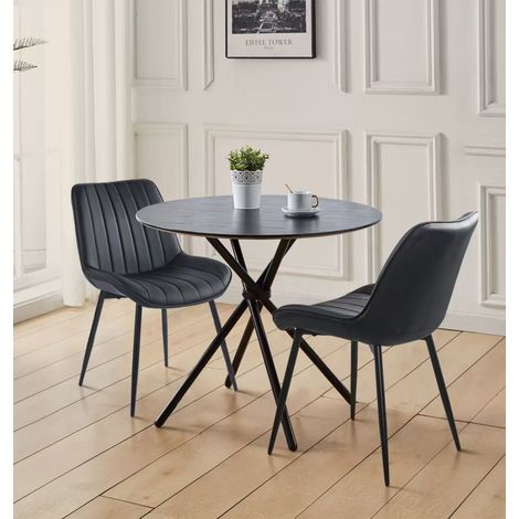 Hallowood Furniture Cullompton Small Dining Table and 2 Chairs, Black Wooden Effect Top Round Table and Chairs Set 2 in Black Bonded Leather, Dining Room Sets for Home and Café Use (1/5)