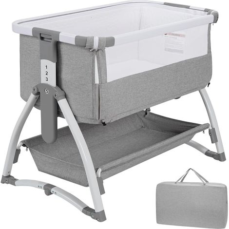Lit Bébé Cododo, Berceau Cododo Bébé avec Matelas, Côté Repliable, Hauteur Réglable, Fenêtre en Filet, 0-6 Mois, Gris (1/5)
