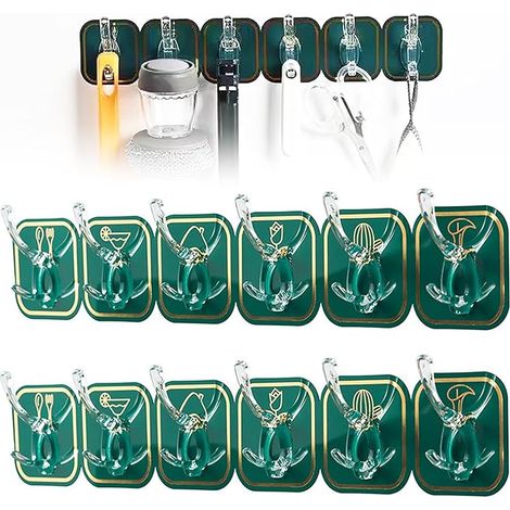 Lntyq 12 Stück selbstklebende Wandhaken, 2 Set Haken 6 selbstklebend, Mehrzweckhaken, Wandbefestigung ohne Bohren, beschädigungsfreies Aufhängen, für Badezimmer, Küche, Wand, Tür (grün) (1/4)