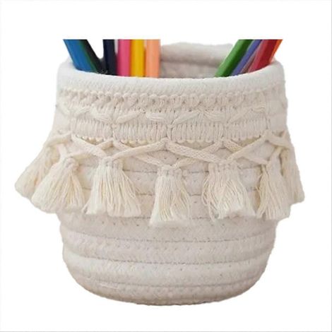 Panier de rangement tressé en corde de coton faite main, blanc, pour bureau, jouets, cosmétiques, clés, goûter et autres petits objets. (1/5)