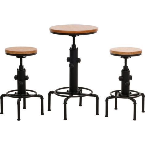 Set Bartisch + 2x Barhocker HHG-970, Barstuhl Stehtisch höhenverstellbar drehbar Fußablage Industrial Eisen Holz natur