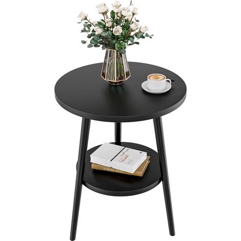 Table d'Appoint Ronde 2 Niveaux Petite Table Basse Décorative en Bois,Table de Chevet Style Moderne Table de Nuit Idéal pour Salon, Balcon, Chambre,55(H)38(D) CM(Noir) (1/5)