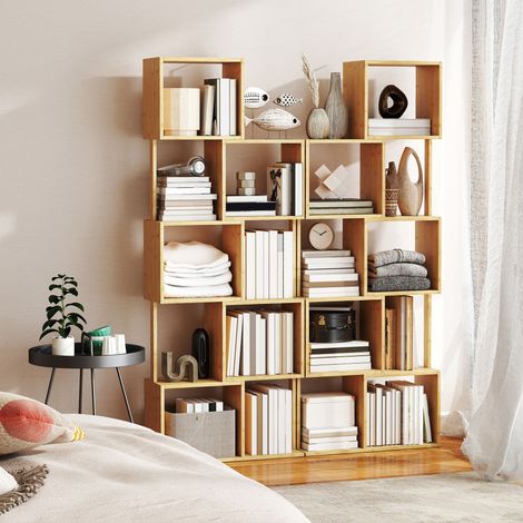 Bibliothèque en bambou asymétrique 5 étagères, 62,5 x 23 x 165 cm, couleur bois naturel. (1/5)