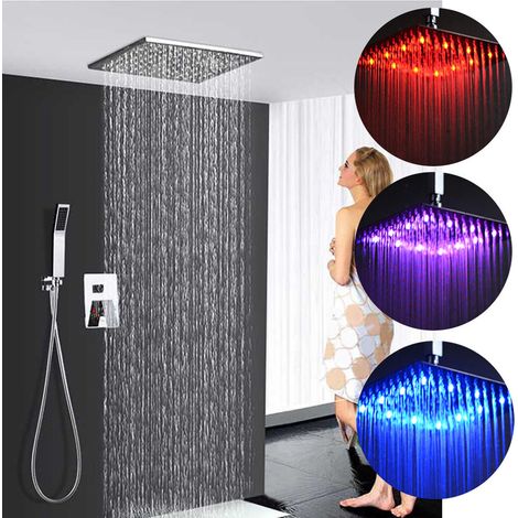 Senderpick – Robinet de douche encastré noir avec LED – Tête de pluie carrée 300x300mm – Acier inoxydable – Douche à main 200mm (1/5)