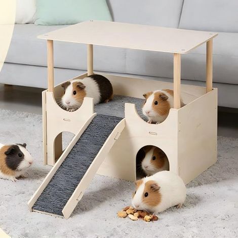 Cabane Cochon d'Inde avec Rampe, Accessoires de Jouets pour Cochons d'Inde - Cachette en Bois Petits Animaux de Compagnie, Hamsters Nains (Wood) (1/5)