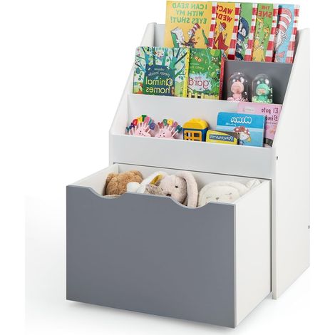 GOPLUS Bibliothèque pour Enfants, 50X28X70 CM, Organisateur de Jouets avec 3 étagères Ouvertes et Tiroir Roulant, Gris (1/5)