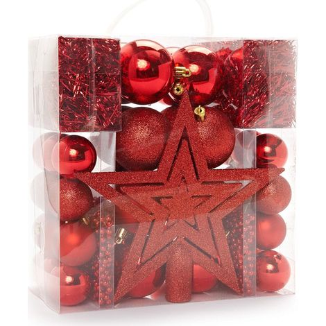 Kit de décoration pour l'arbre de Noël, Rouge, 45 pièces, avec cimier de Sapin, Boules, chaînes de Perles et guirlandes, en Plastique. (1/5)