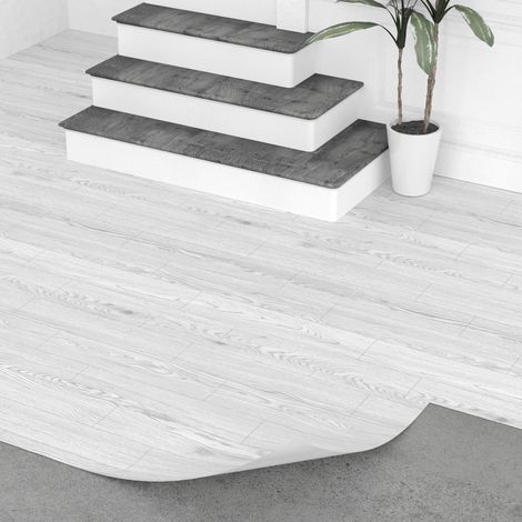 Revêtement de sol en PVC autocollant 3 m² - Aspect bois - Pour porte d'entrée, salon, cuisine, balcon, salle de rangement - Découpable - 0,6 x 5 m - Blanc (1/5)