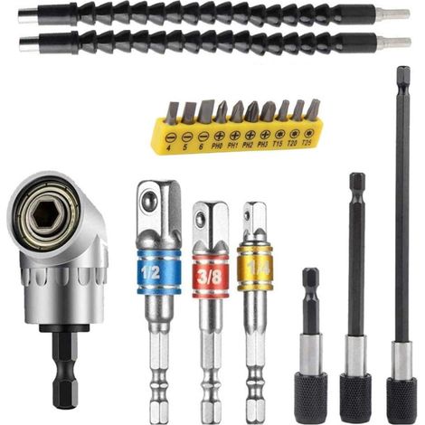 Irovami Kit de rallonges flexibles pour forets, comprenant une rallonge coudée à 105°, un adaptateur universel pour douilles (3 pièces : 1/4", 3/8" et 1/2"), un porte-forets (3 pièces) et un kit d'emb (1/5)