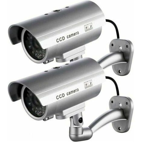 2 x Dummy Camera Outdoor Dummy Camera for Indoor or Outdoor Use with Flashing LED Bullet Shape(Silver) (1/5)