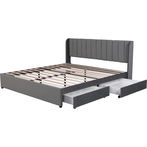 Cama 180 x 200 cm en terciopelo gris con somier de láminas, cabecero y 2 cajones MODENUIT (1/5)
