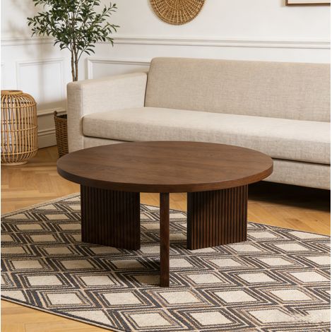 Tavolino rotondo 80 cm in MDF color noce marrone, design scanalato, compatto DESVIAE (1/5)