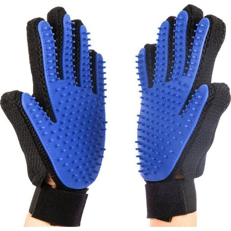 Gants pour enlever les poils d'animaux - Gant brosse double face souple pour chiens à poils longs et courts, chats, chevaux - 1 paire (bleu)-AquaForge