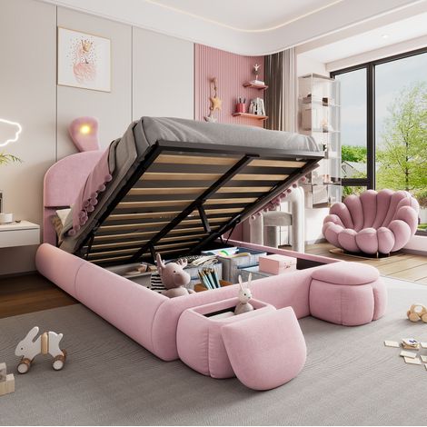 Lit coffre 140x200 velours rose, oreilles lapin HAVRYA (1/5)