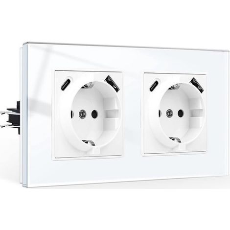 Presa doppia a incasso con porte USB A e USB C, presa Schuko con cornice in vetro (1/5)