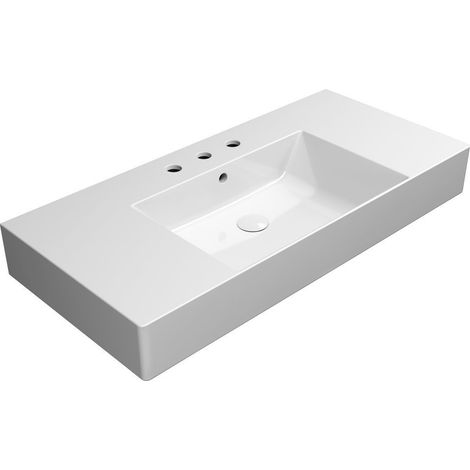 Lavabo KUBE X en céramique 100x47cm avec étagères, 3 trous robinetterie, blanc ExtraGlaze (1/4)