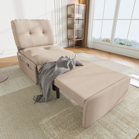 Canapé convertible de lino beige 81,5x92x90 cm, 2 en 1 con cama extraíble 80x165 cm