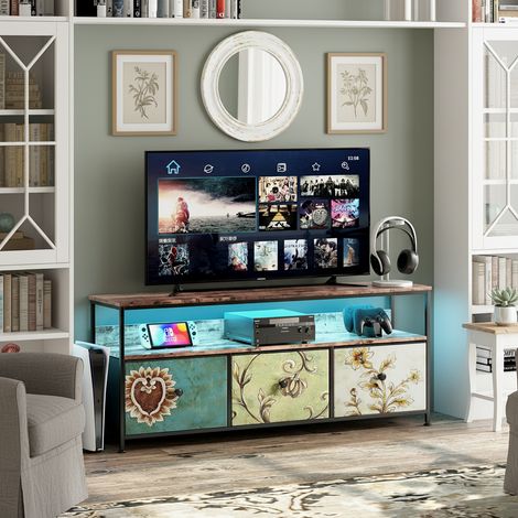Meuble TV rétro coloré - 3 tiroirs, 137x29x57 cm, panneau à motif peau tigre, éclairage d'ambiance LED, pieds réglables hauteur, structure en métal (1/5)
