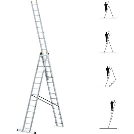 Echelle transformable 3 plans StablePro 3x14 marches aluminium extensible coulissante, 6 positions, hauteur travail max 9,62m, garantie 5 ans, Hostrom